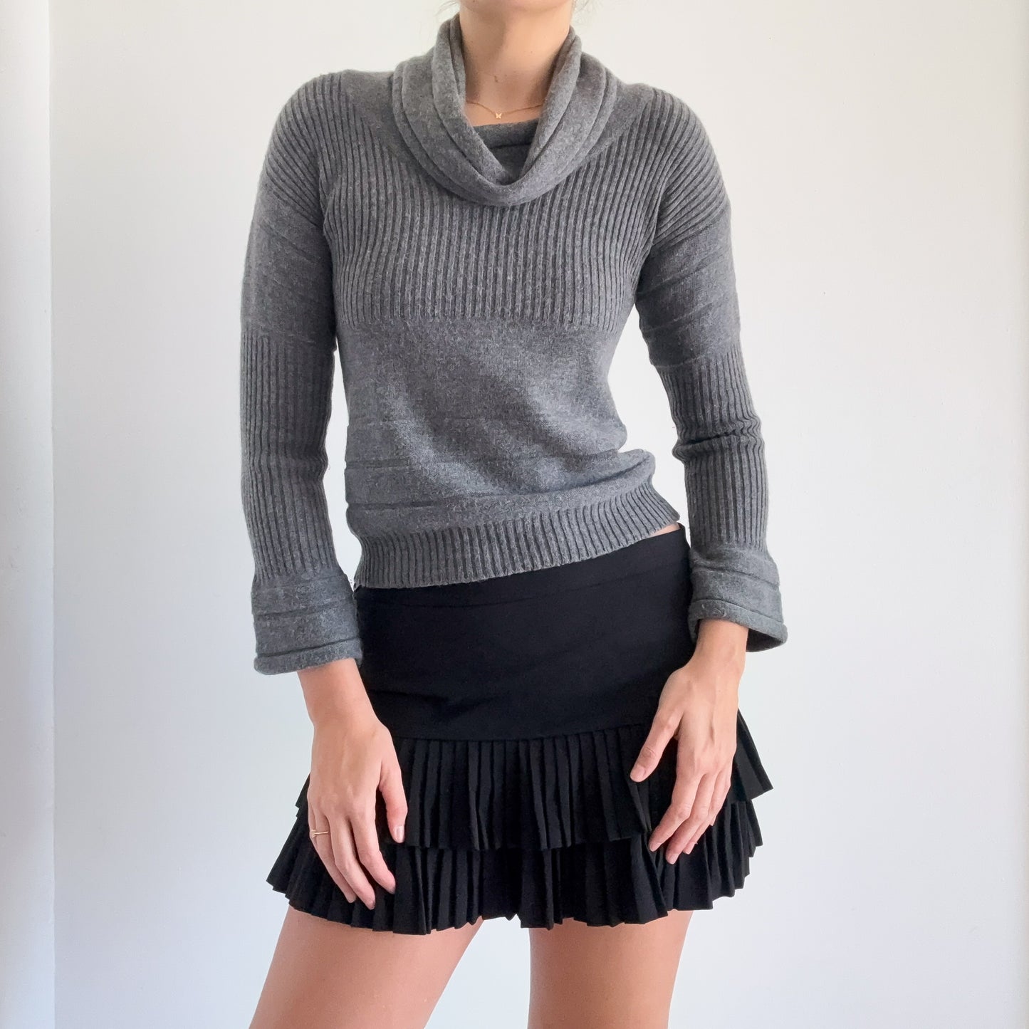 Y2K Grey Knit Cowl Neck Sweater / SZ S