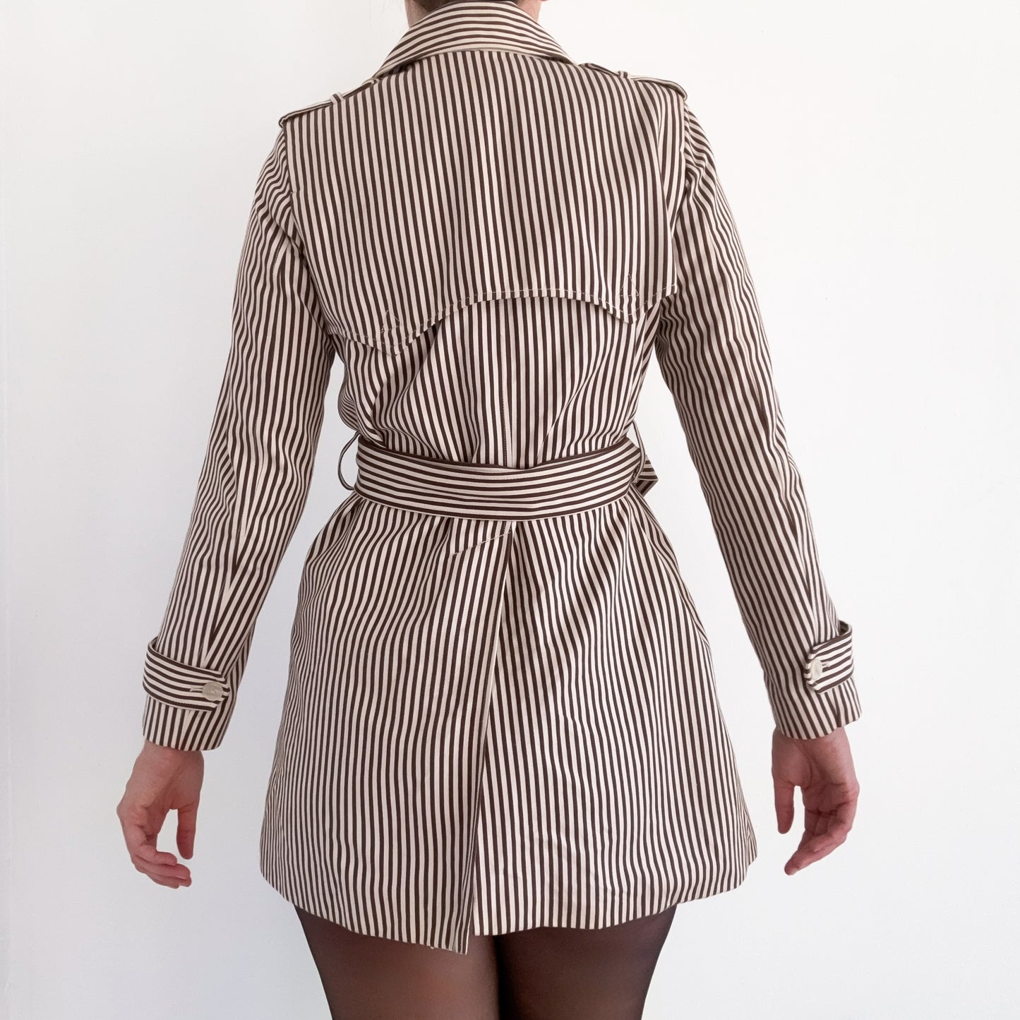 Y2K Brown & Cream Striped Cotton Trench Coat / SZ S