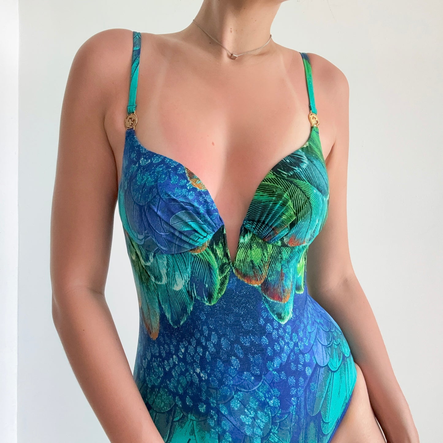 Natori Blue & Green Peacock Swimsuit / SZ M