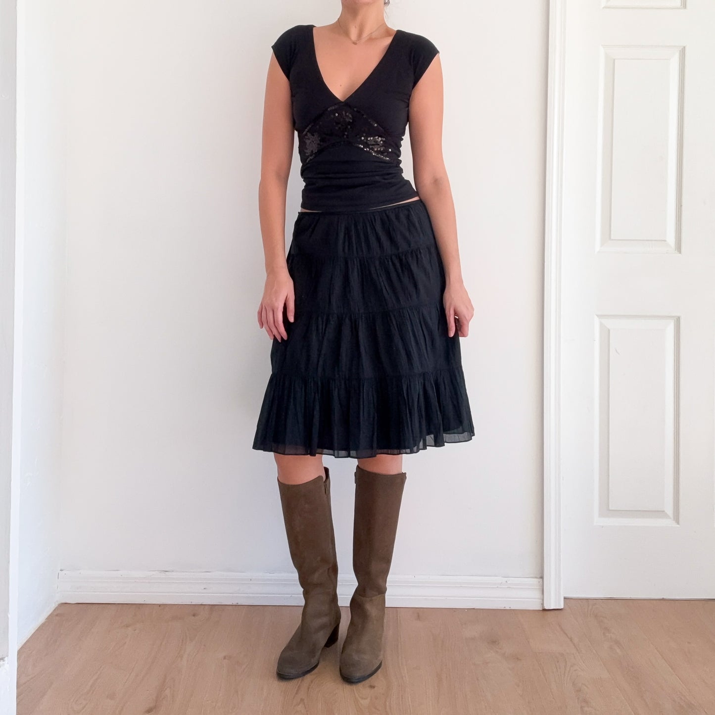 Y2K Black Cotton Tiered Midi Skirt / SZ S/M