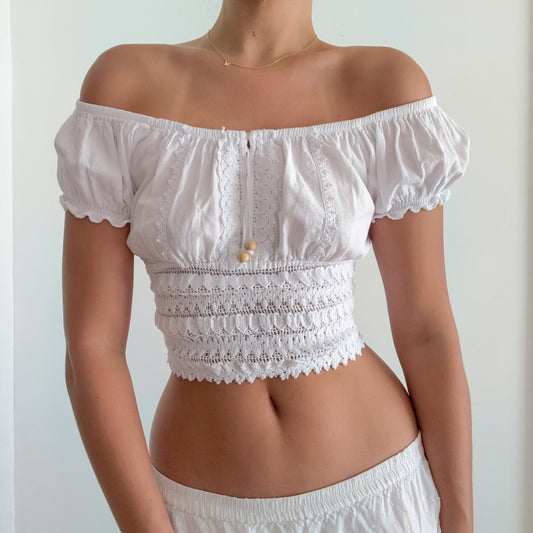 Y2K White Cotton Beach Crop Top / SZ S