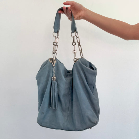 Y2K Stone Blue Leather Chain Handbag