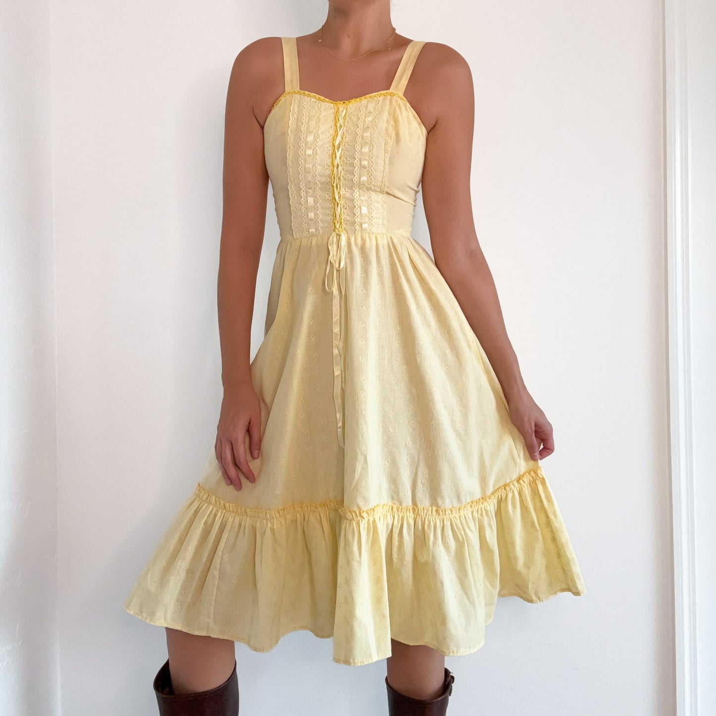 70's Yellow Floral Prairie Midi Dress / SZ S