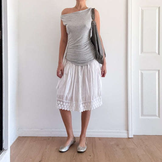 Y2K White Cotton Crochet Midi Skirt / SZ S