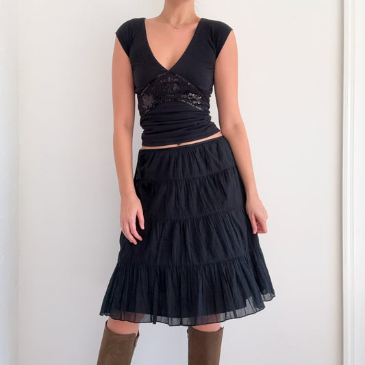 Y2K Black Cotton Tiered Midi Skirt / SZ S/M