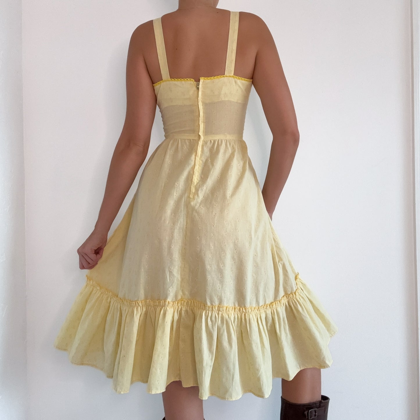 70's Yellow Floral Prairie Midi Dress / SZ S