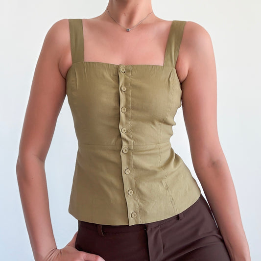 Theory Olive Linen Blend Button Top / SZ 0/2