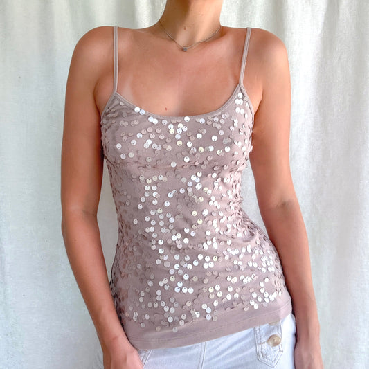 Y2K Taupe Cotton Sequin Tank / SZ S
