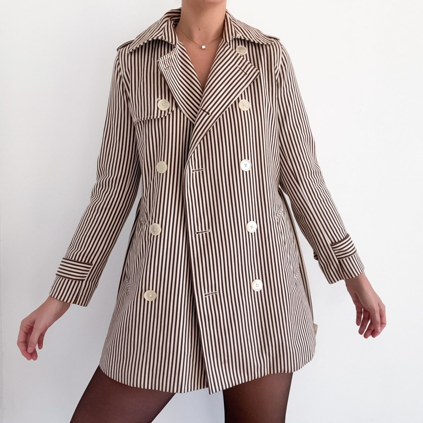 Y2K Brown & Cream Striped Cotton Trench Coat / SZ S