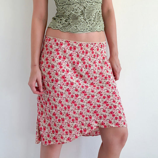 Y2K Pink & Cream Floral Midi Skirt / SZ S-L