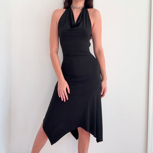 Y2K Black Backless Draped Midi Dress / SZ XS/S