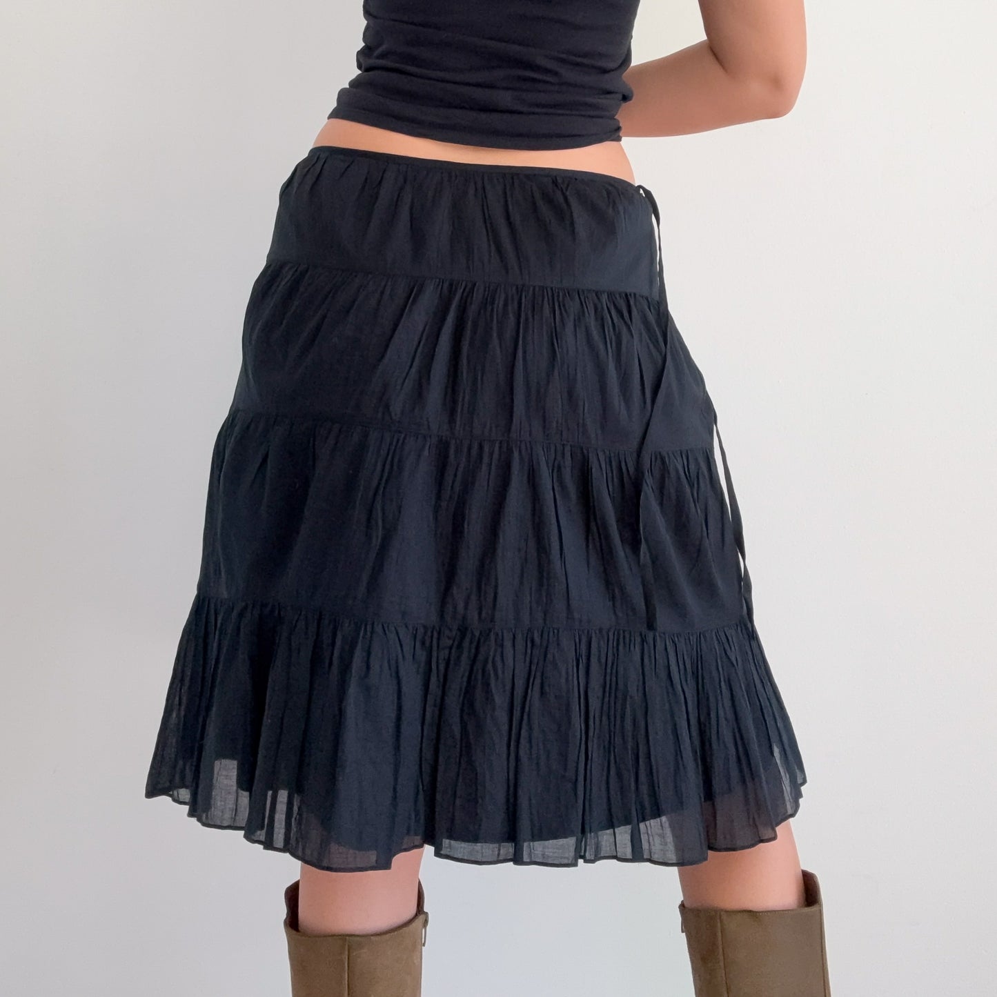 Y2K Black Cotton Tiered Midi Skirt / SZ S/M