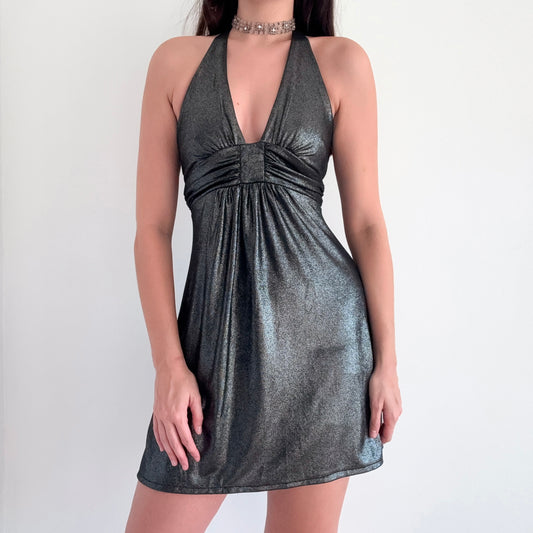 90's Gunmetal Metallic Halter Mini Dress / SZ 4