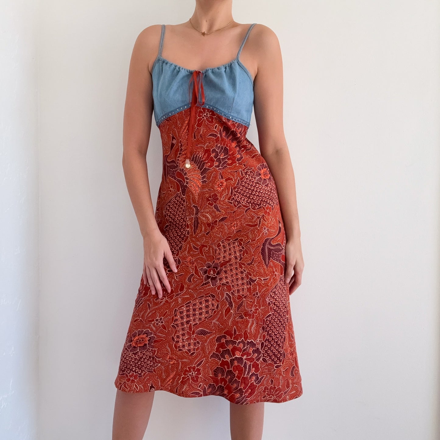 Y2K Burnt Orange & Denim Midi Dress / SZ M