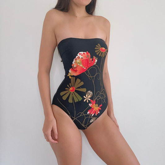 90's Gottex Black Flower Swimsuit / SZ M