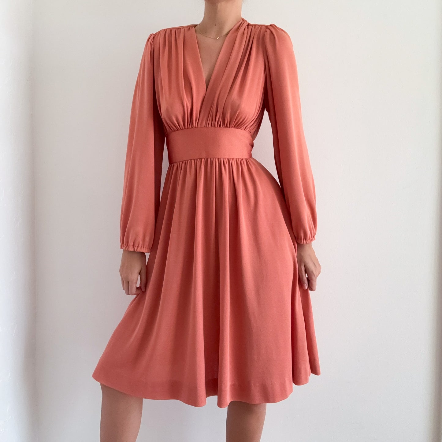 70's Salmon Balloon Sleeve Tie Dress / SZ S-M