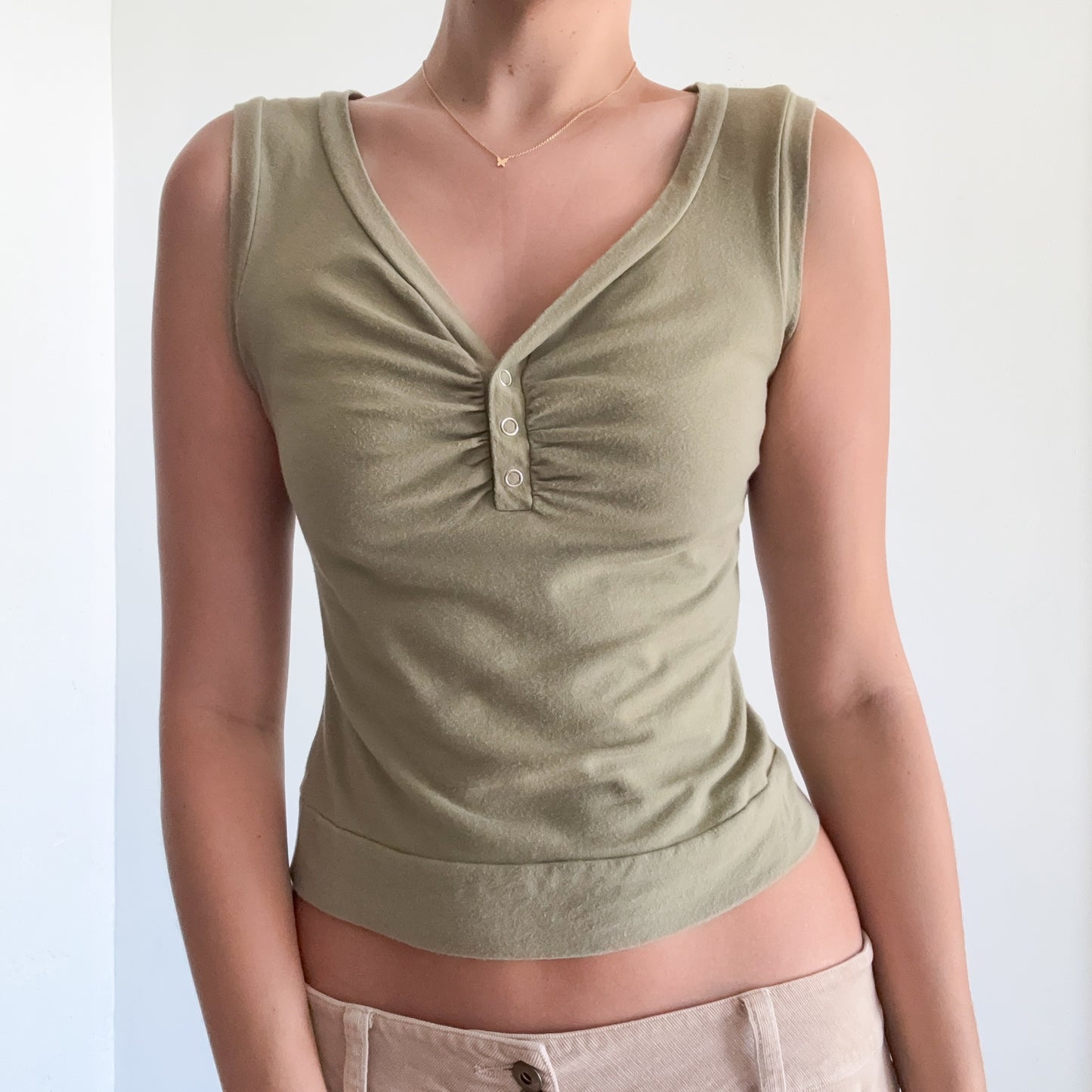 Y2K Olive Green Henley Top / SZ S/M