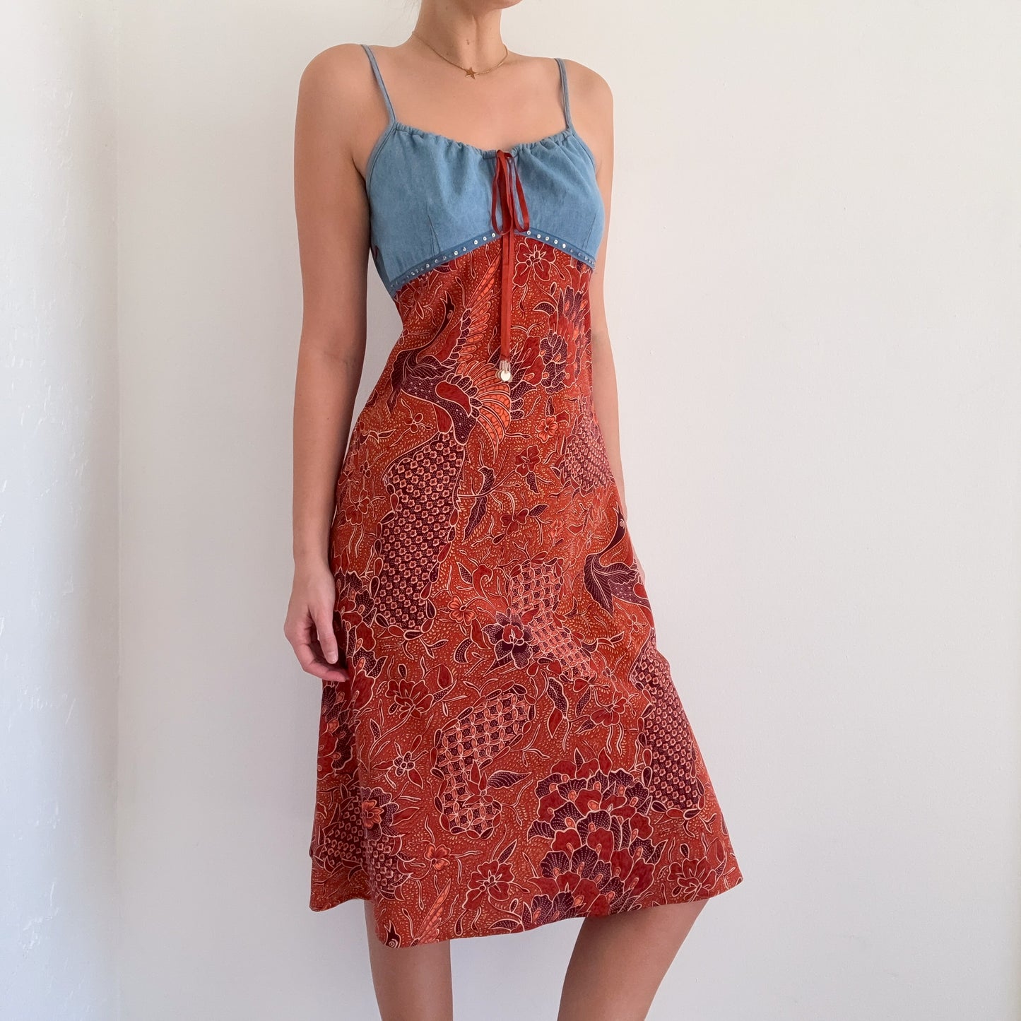Y2K Burnt Orange & Denim Midi Dress / SZ M