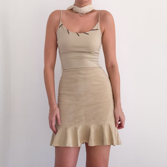 Y2K Tan Suede Ruffle Skirt / SZ 4