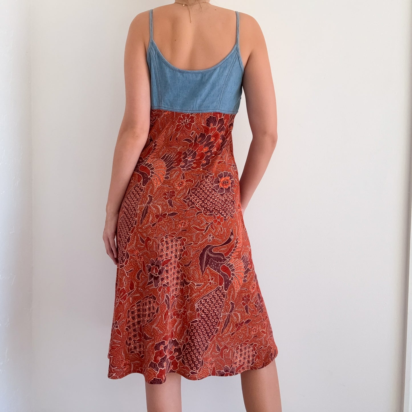 Y2K Burnt Orange & Denim Midi Dress / SZ M