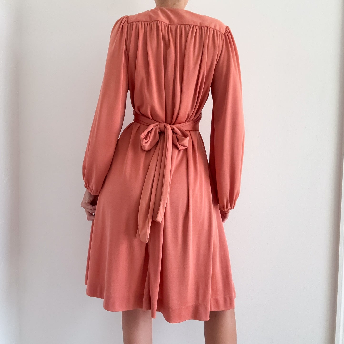 70's Salmon Balloon Sleeve Tie Dress / SZ S-M