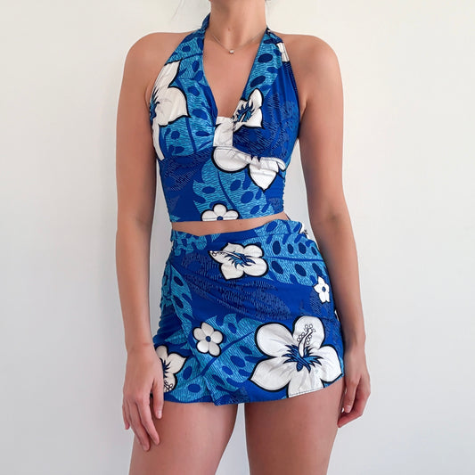 Y2K Royal Blue Tropical Sarong Set / SZ S/M
