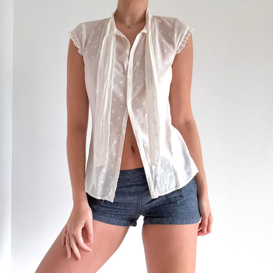Y2K White Cotton Polka Dot Blouse / SZ XS/S