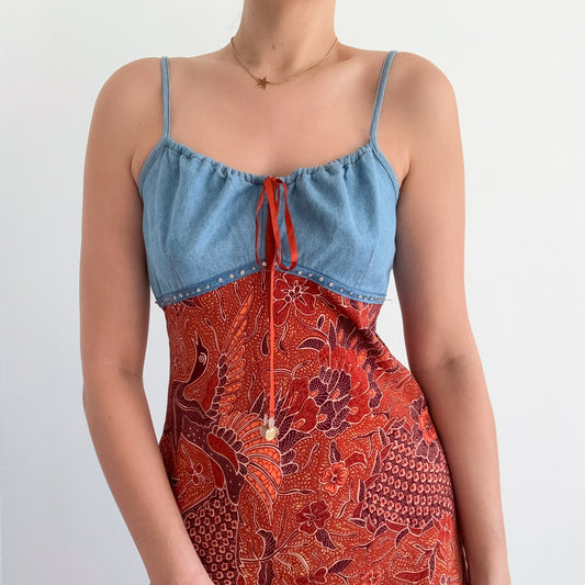 Y2K Burnt Orange & Denim Midi Dress / SZ M