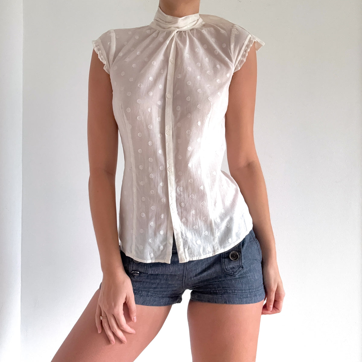 Y2K White Cotton Polka Dot Blouse / SZ XS/S