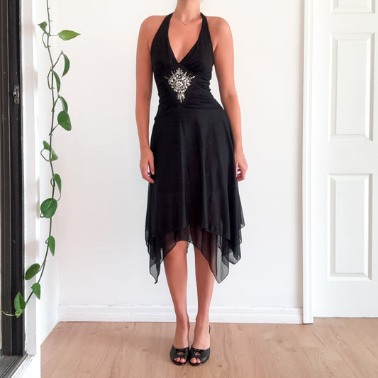 Y2K Black Embellished Halter Midi Dress / SZ S