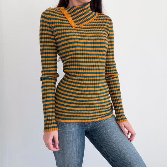 2010's Mustard & Peacock Striped Knit Sweater / SZ L/XL