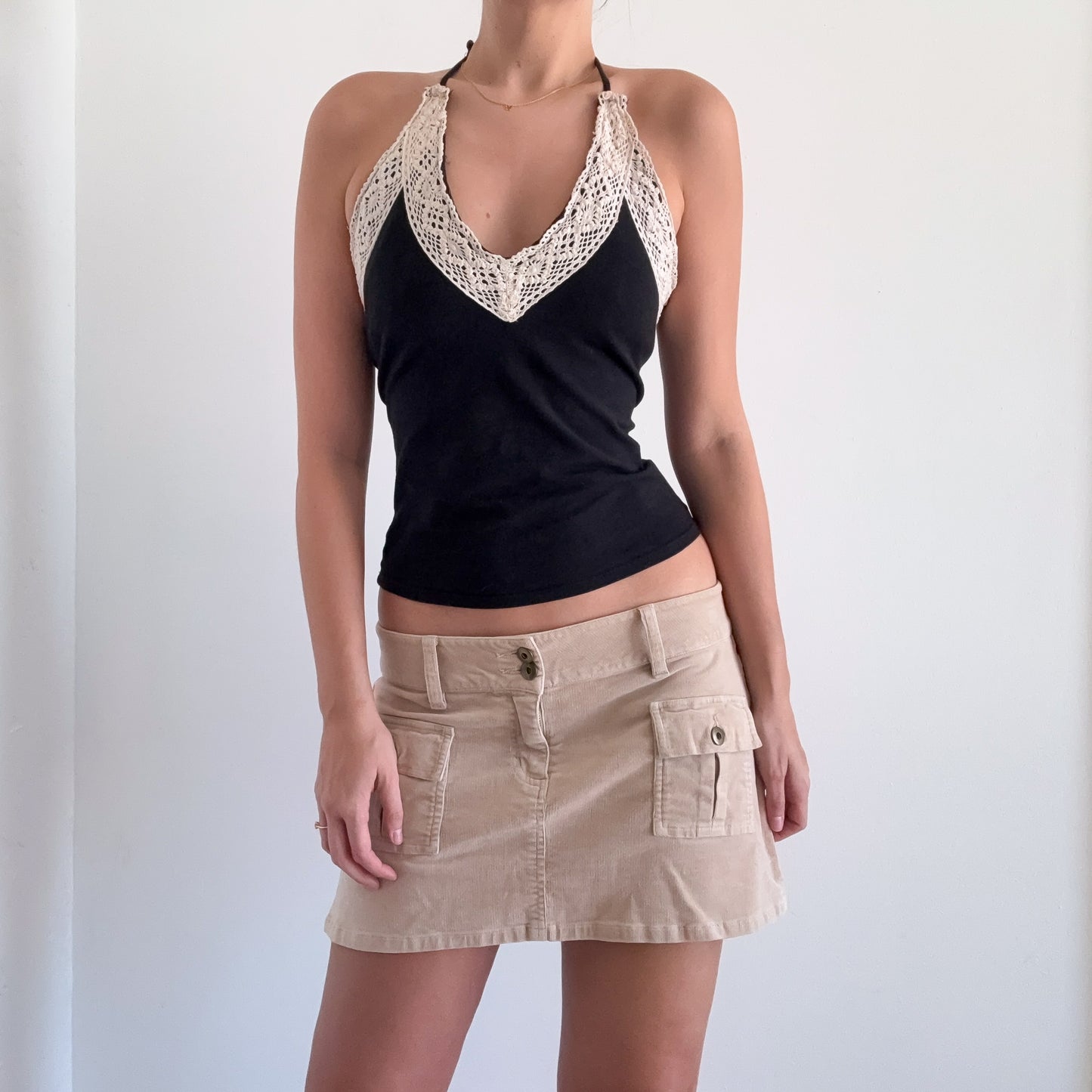 Y2K Black Crochet Halter Top / SZ S