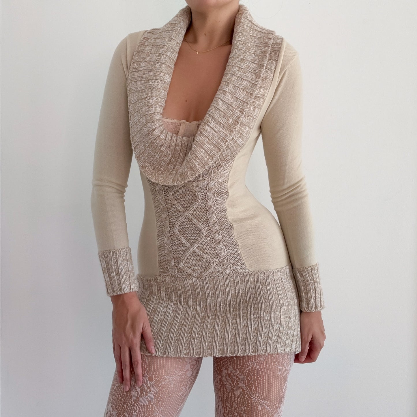 Y2K Cream & Beige Knit Sweater Dress / SZ S