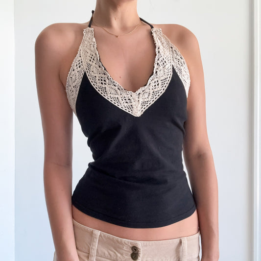 Y2K Black Crochet Halter Top / SZ S