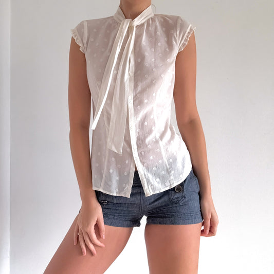 Y2K White Cotton Polka Dot Blouse / SZ XS/S