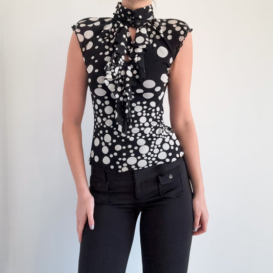 Y2K Black & White Dot Mesh Top / SZ S