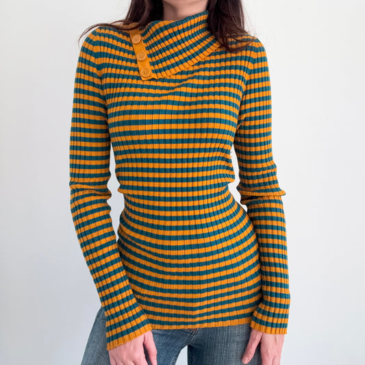 2010's Mustard & Peacock Striped Knit Sweater / SZ L/XL