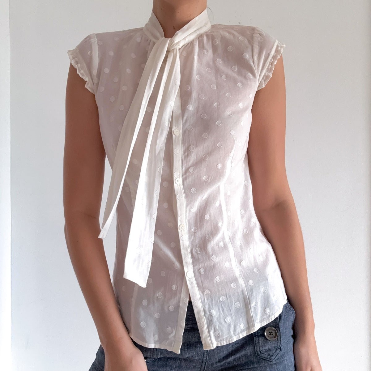 Y2K White Cotton Polka Dot Blouse / SZ XS/S
