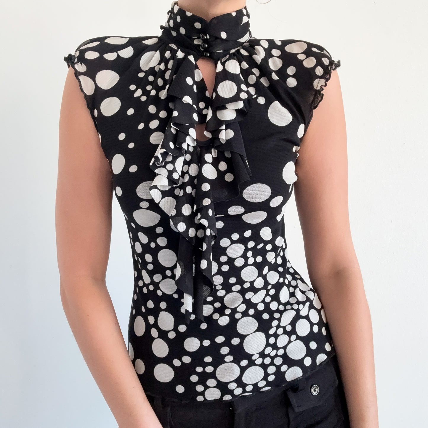 Y2K Black & White Dot Mesh Top / SZ S