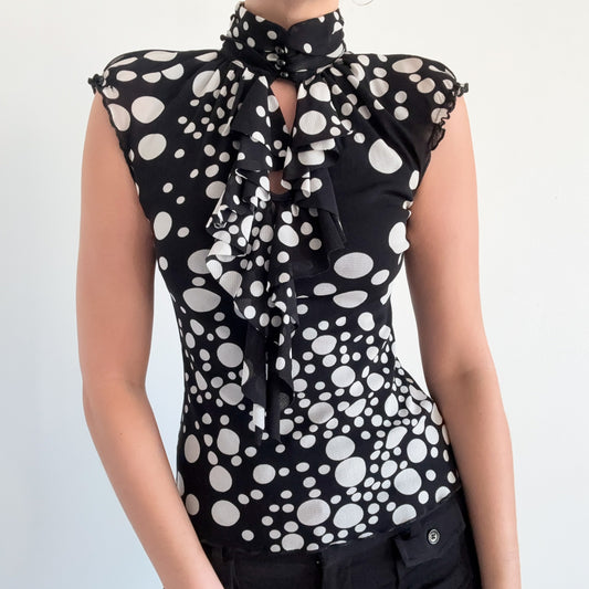 Y2K Black & White Dot Mesh Top / SZ S