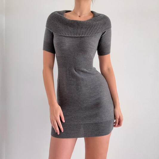 Y2K Grey Knit Cowl Neck Mini Dress / SZ S