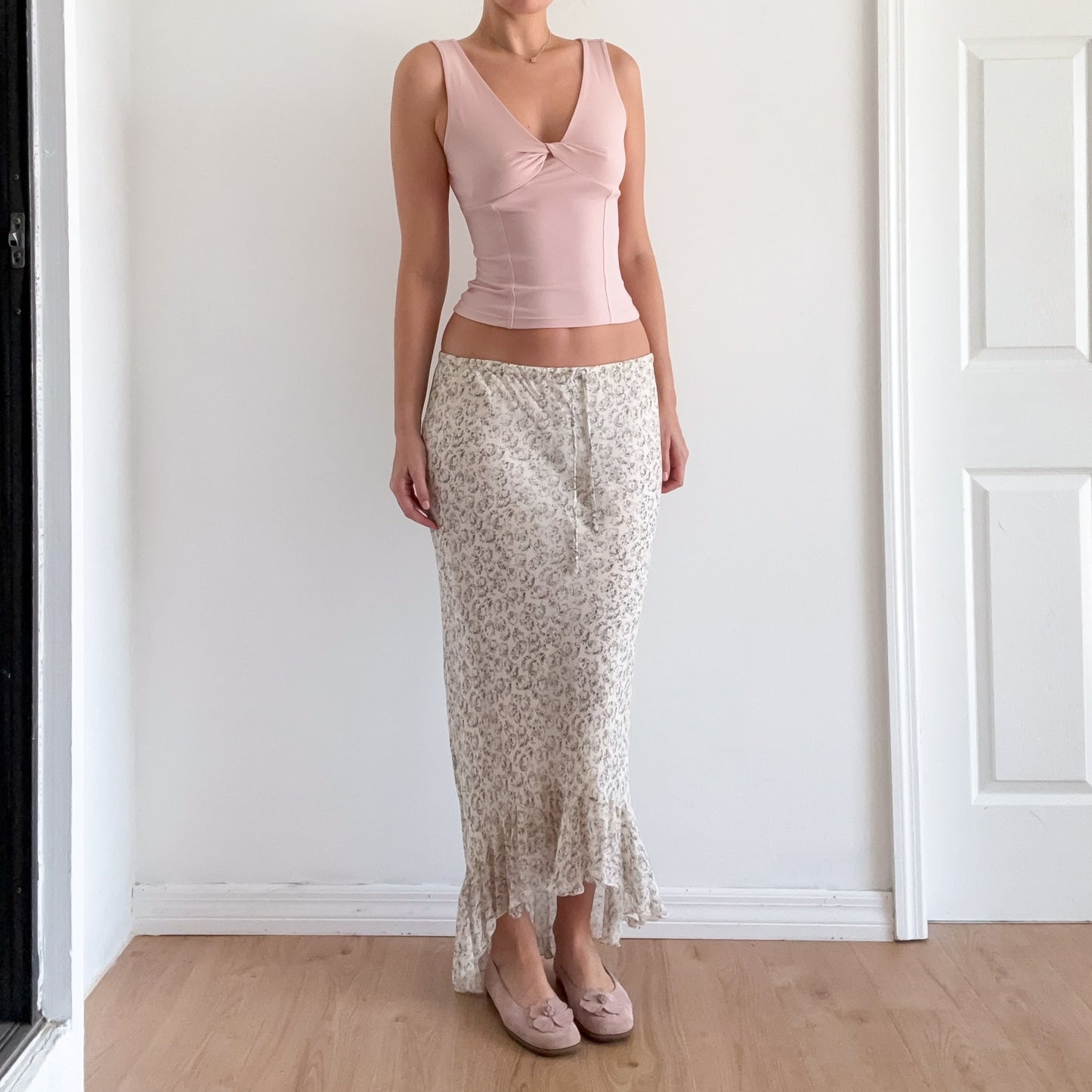 Y2K Cream & Blue Floral Maxi Skirt / SZ M