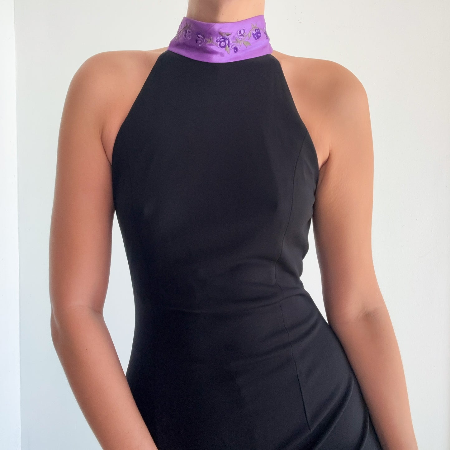 90's Black & Purple Embroidered Midi Dress / SZ 6-8