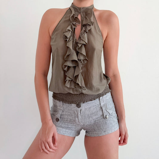 2010's Olive Ruffle Halter Blouse / SZ S