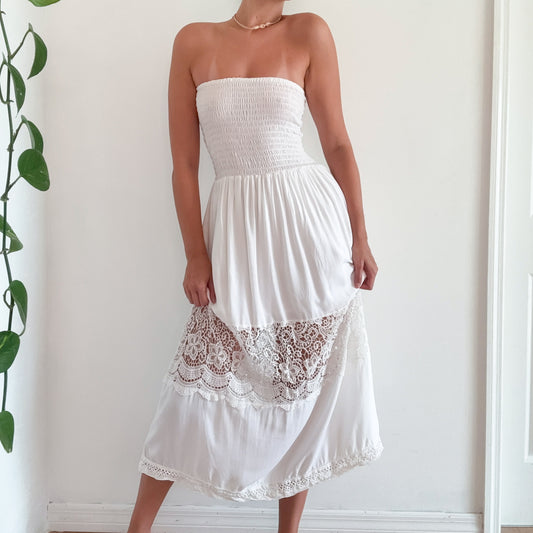 Y2K White Smocked Lace Maxi Sundress / SZ M