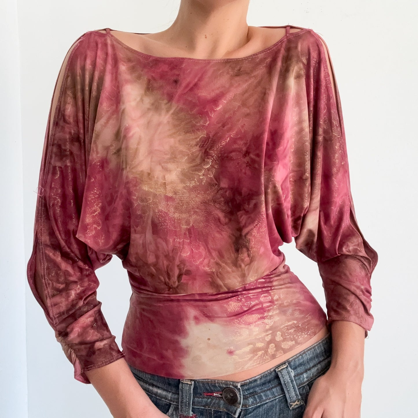 Y2K Rouge & Gold Metallic Dolman Sleeve Top / SZ S-M
