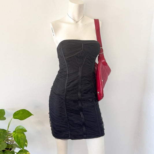 Y2K BCBGMaxAzria Black Ruched Tulle Mini Dress / SZ 2