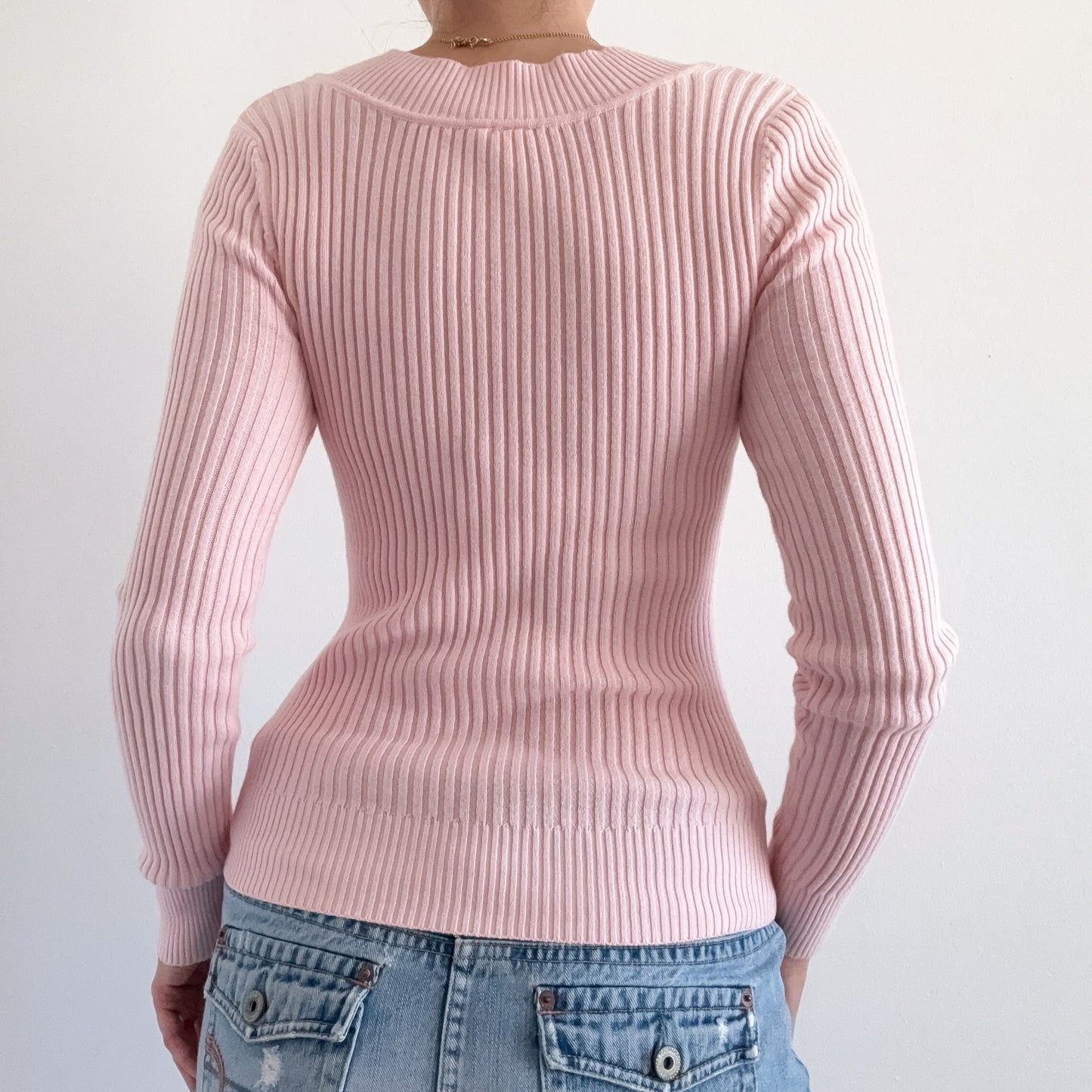 Y2K Baby Pink Ribbed Knit V-Neck / SZ M