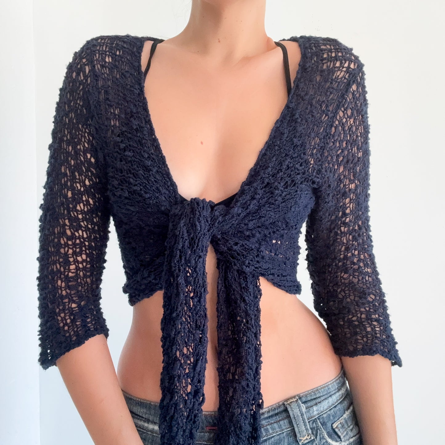 Y2K Navy Knitted Wrap Tie Top / One Size