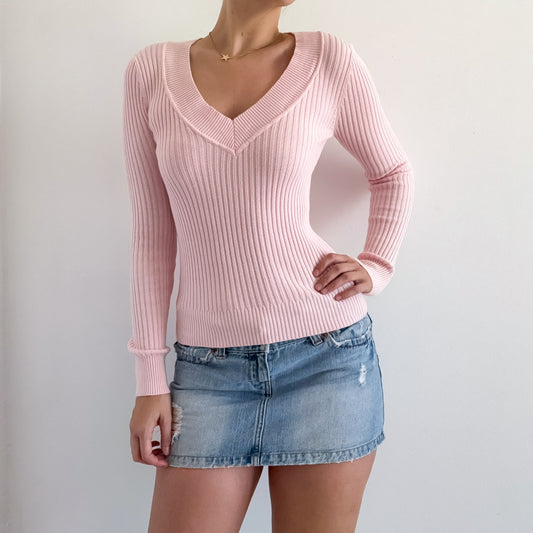 Y2K Baby Pink Ribbed Knit V-Neck / SZ M